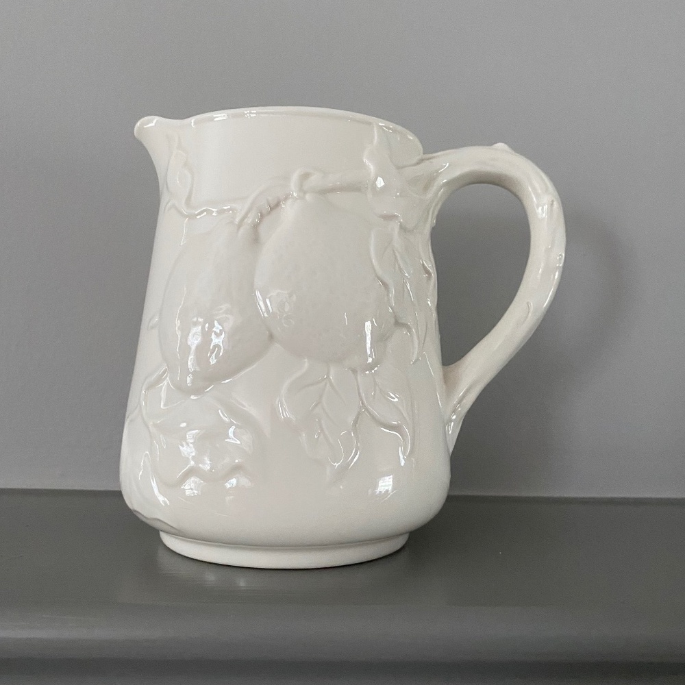 Vintage White Pitcher, Water, Wine, Beverage, Juice Container, Barware. Ceramic